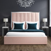 GRADE A1 - Blush Pink Velvet King Size Ottoman Bed with Silver-Trimmed High Headboard - Aaliyah