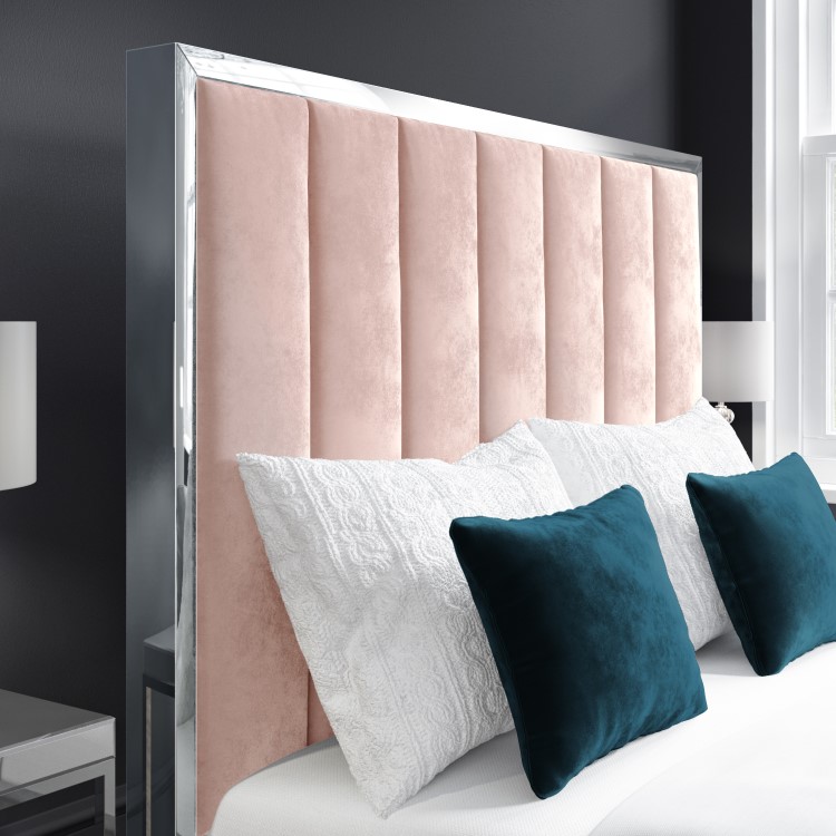 GRADE A1 - Blush Pink Velvet King Size Ottoman Bed with Silver-Trimmed High Headboard - Aaliyah