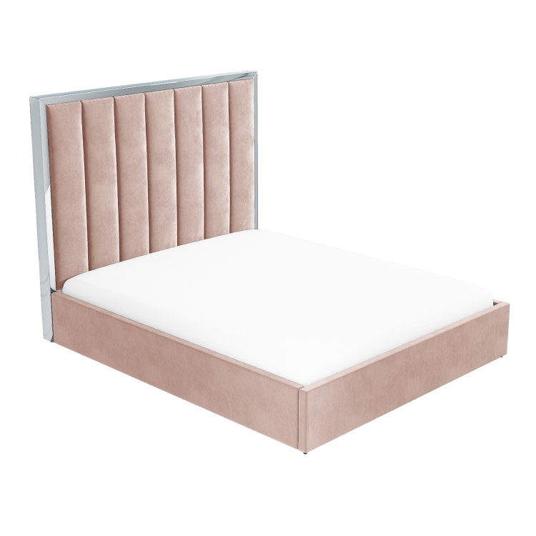 GRADE A1 - Blush Pink Velvet King Size Ottoman Bed with Silver-Trimmed High Headboard - Aaliyah