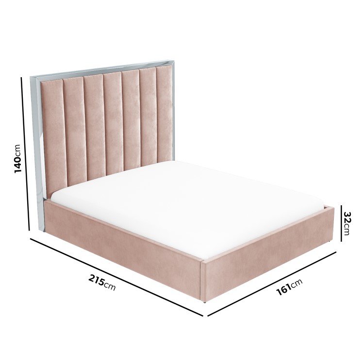 GRADE A1 - Blush Pink Velvet King Size Ottoman Bed with Silver-Trimmed High Headboard - Aaliyah