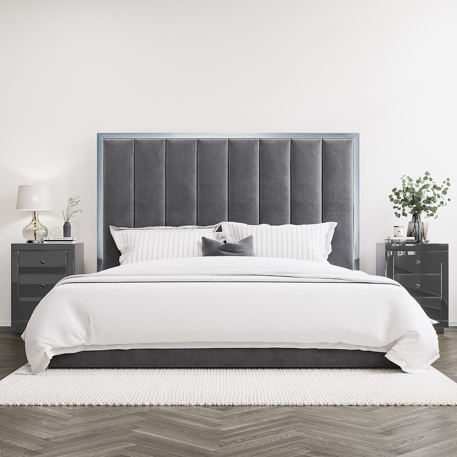 Photo of Grey velvet super king size ottoman bed with high headboard - aaliyah