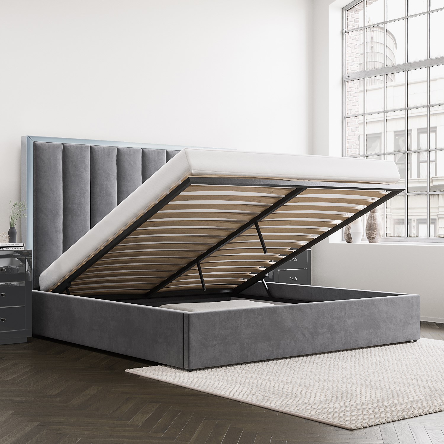 Grey Velvet Super King Ottoman Bed with Tall Headboard Aaliyah