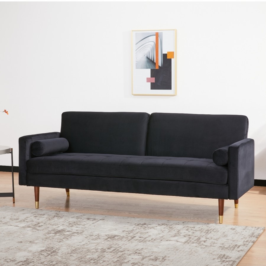 Black Velvet 3 Seater Pull Out Sofa Bed in a Box - Aria