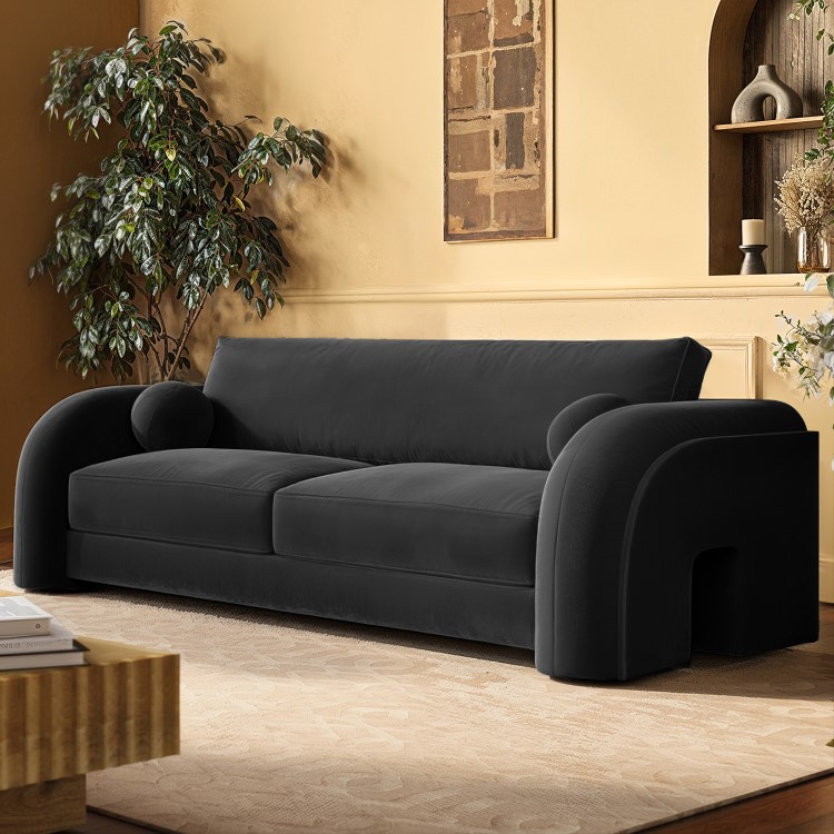 Dark Grey Velvet Curved 3 Seater Sofa - Aurelia