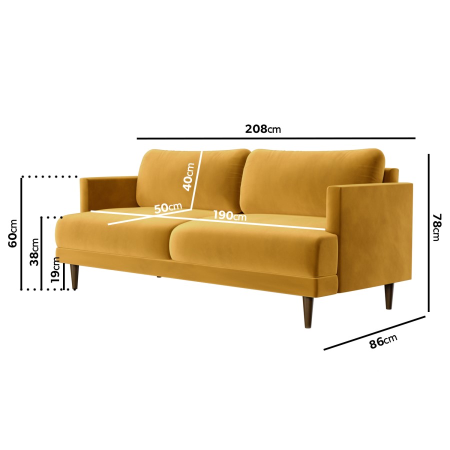 3 Seater Sofa in Mustard Velvet - Addison