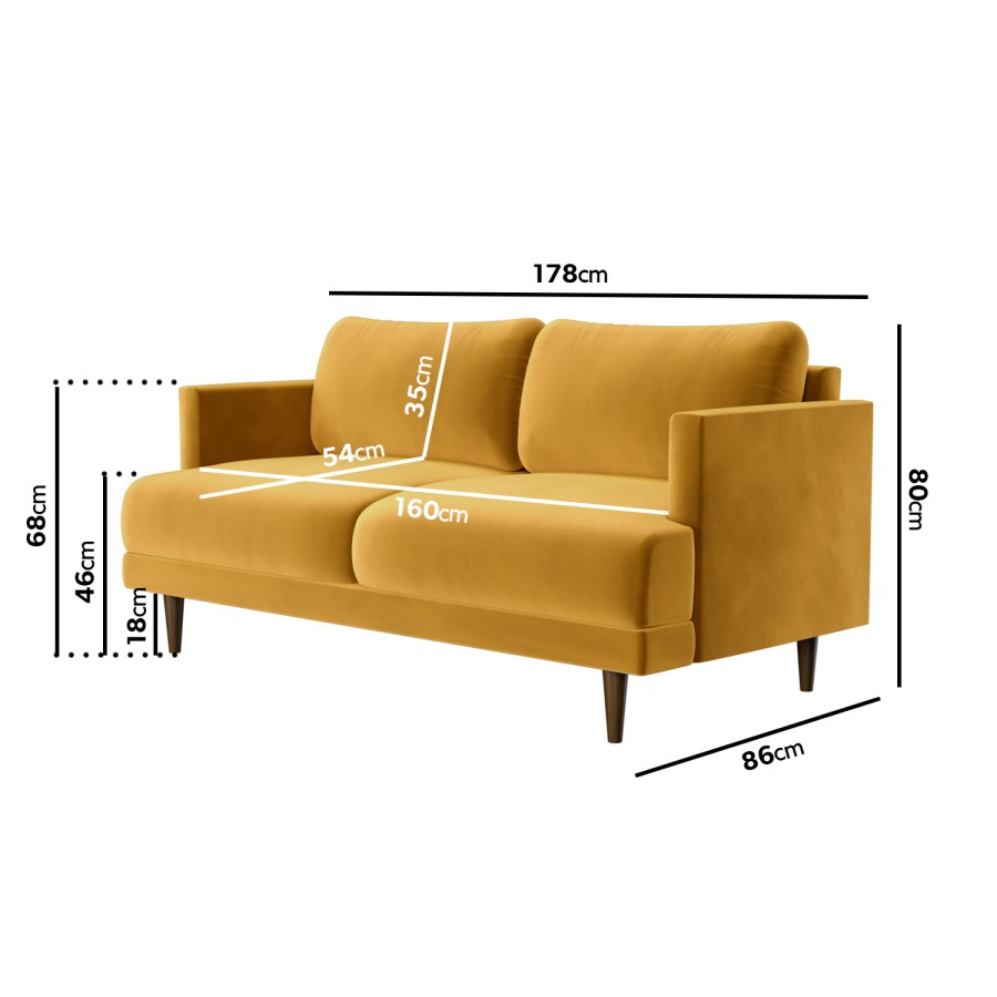 2 Seater Sofa in Mustard Velvet - Addison