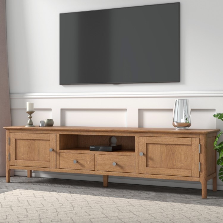 Wide Solid Oak TV Stand with Storage - TV's up to 77" - Adeline