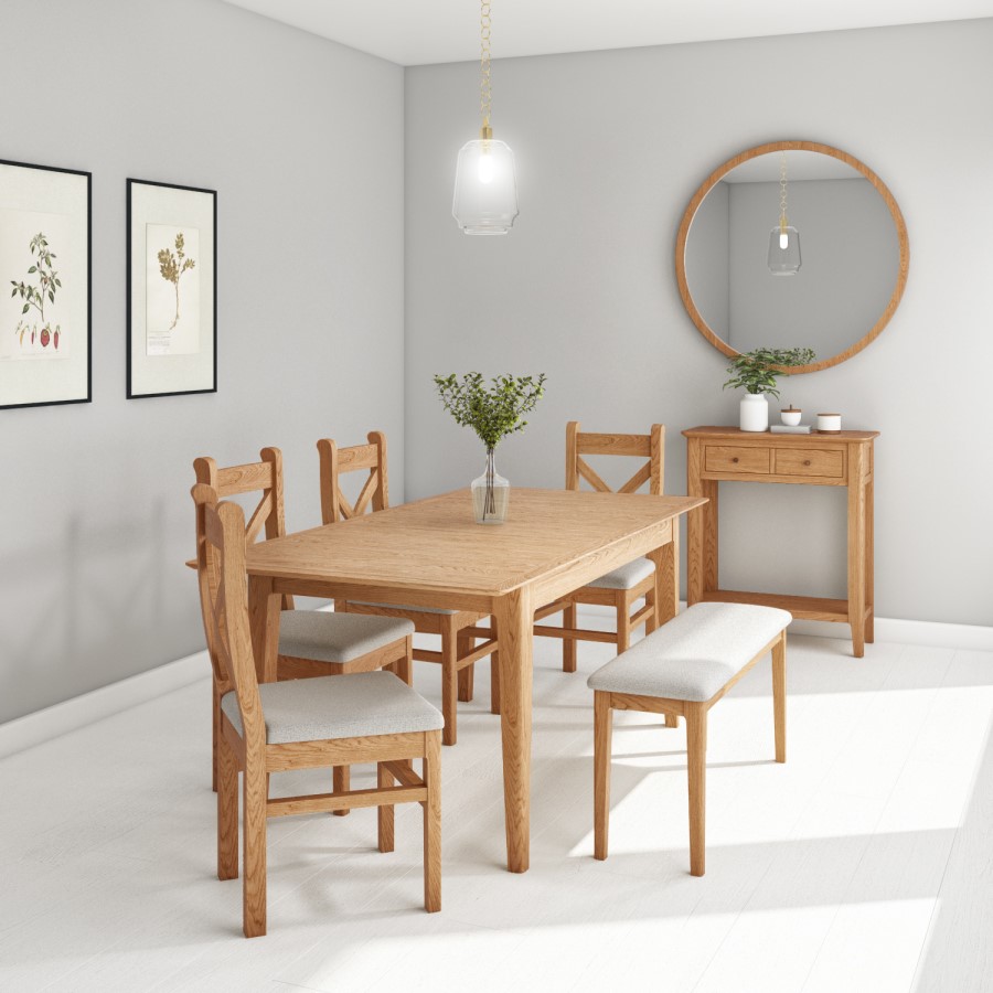 Solid Oak Dining Bench with Fabric Upholstered Seat - Seats 2 - Adeline