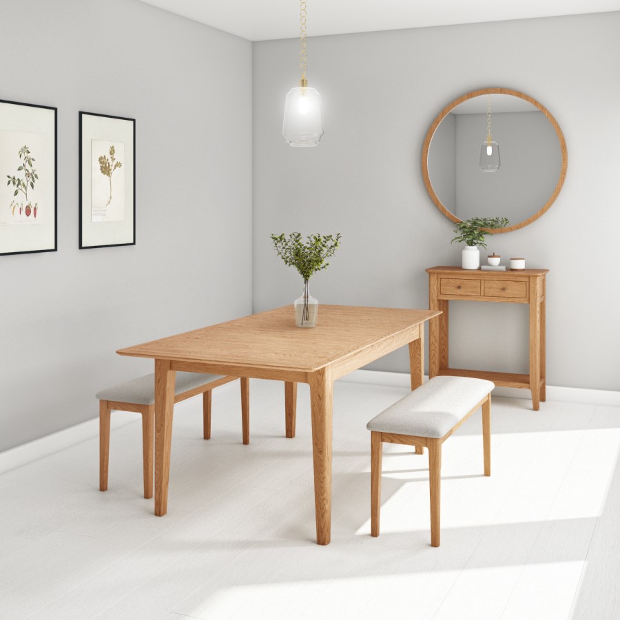 Solid Oak Dining Bench with Fabric Upholstered Seat - Seats 2 - Adeline