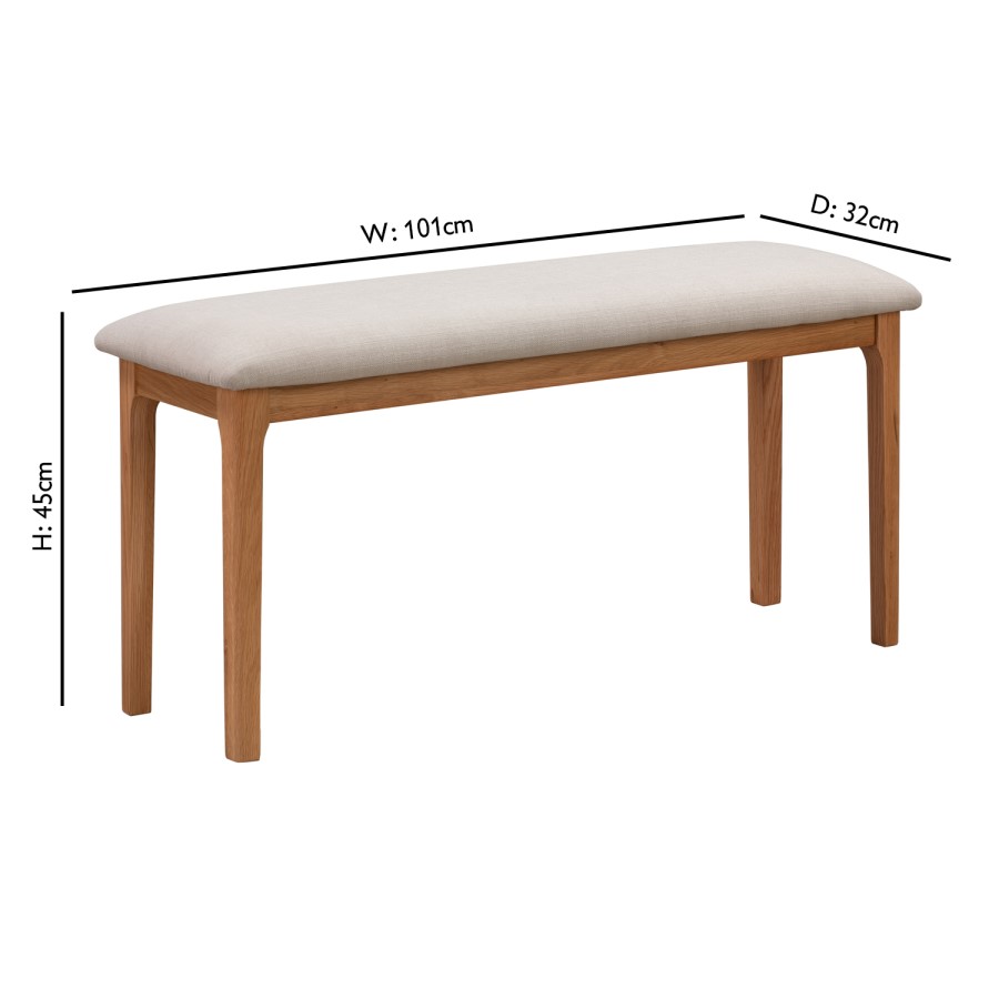 Solid Oak Dining Bench with Fabric Upholstered Seat - Seats 2 - Adeline