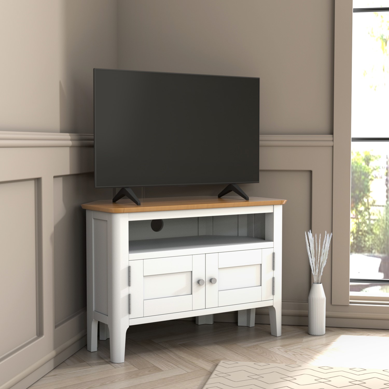 Photo of Small white & solid oak corner tv stand with storage - tvs up to 32 - adeline