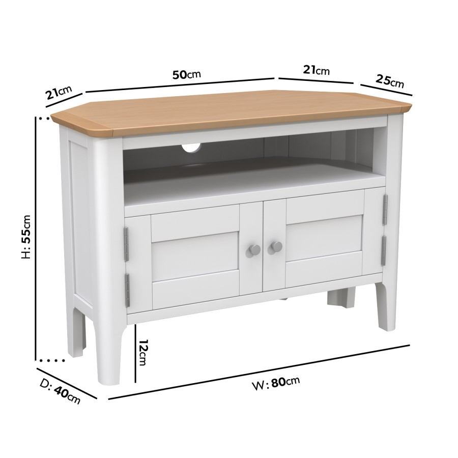 GRADE A2 - Corner TV Unit in White & Solid Oak with Storage - Adeline