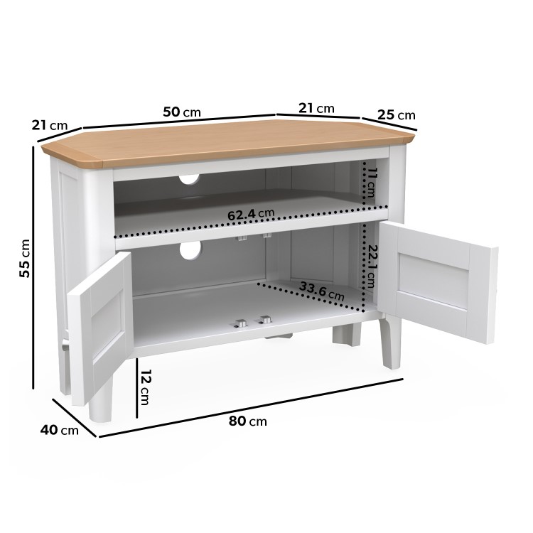 Small White & Solid Oak Corner TV Stand with Storage - TV's up to 32" - Adeline