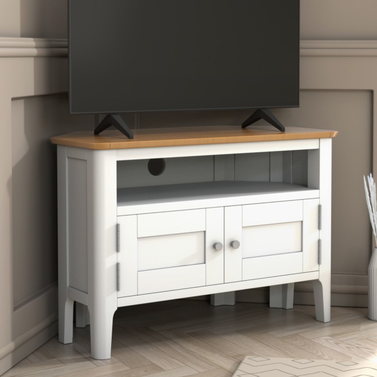 Small White & Solid Oak Corner TV Stand with Storage - TV's up to 32" - Adeline