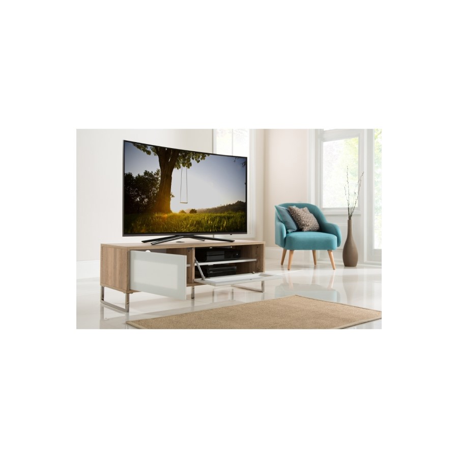 Helium Wall Mounted TV Unit in Oak with White Infra Red Friendly Doors