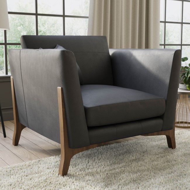 Leather Mid Century Armchair in Grey - Adley