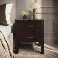 Dark Wood 2 Drawer Bedside Table with Marble Top - Alessio