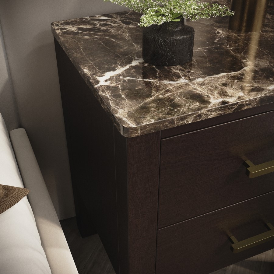Dark Wood 2 Drawer Bedside Table with Marble Top - Alessio