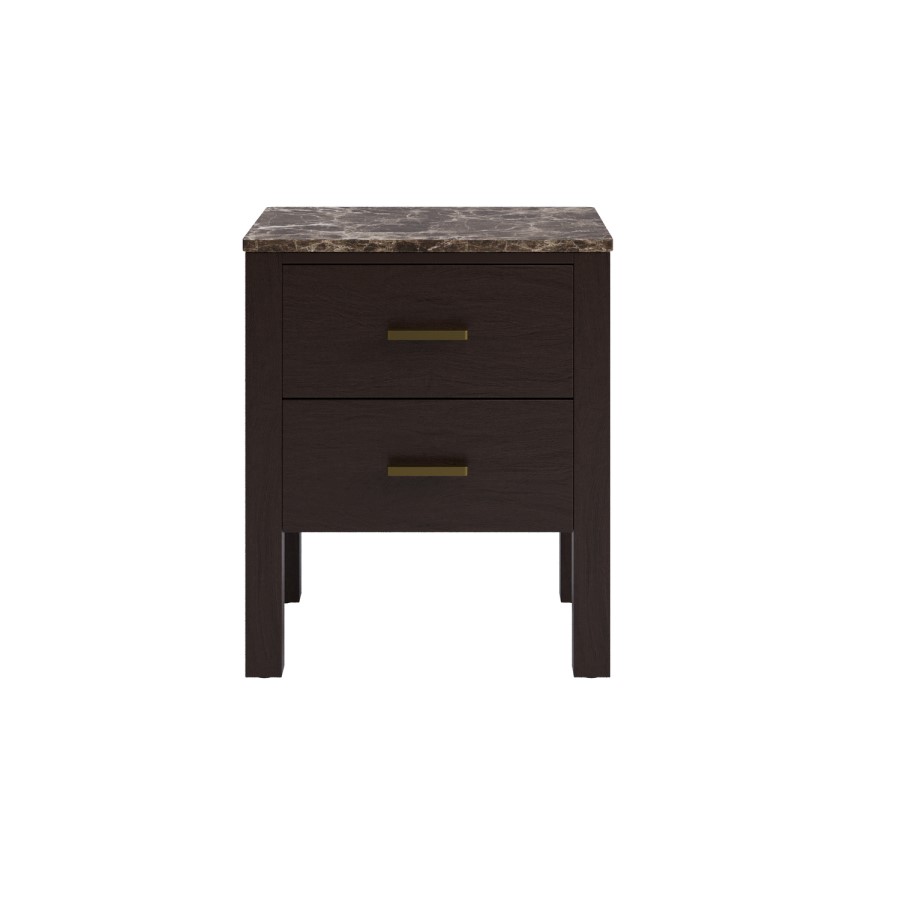 Dark Wood 2 Drawer Bedside Table with Marble Top - Alessio