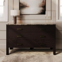 Wide Dark Wood Chest of 6 Drawers with Marble Top - Alessio