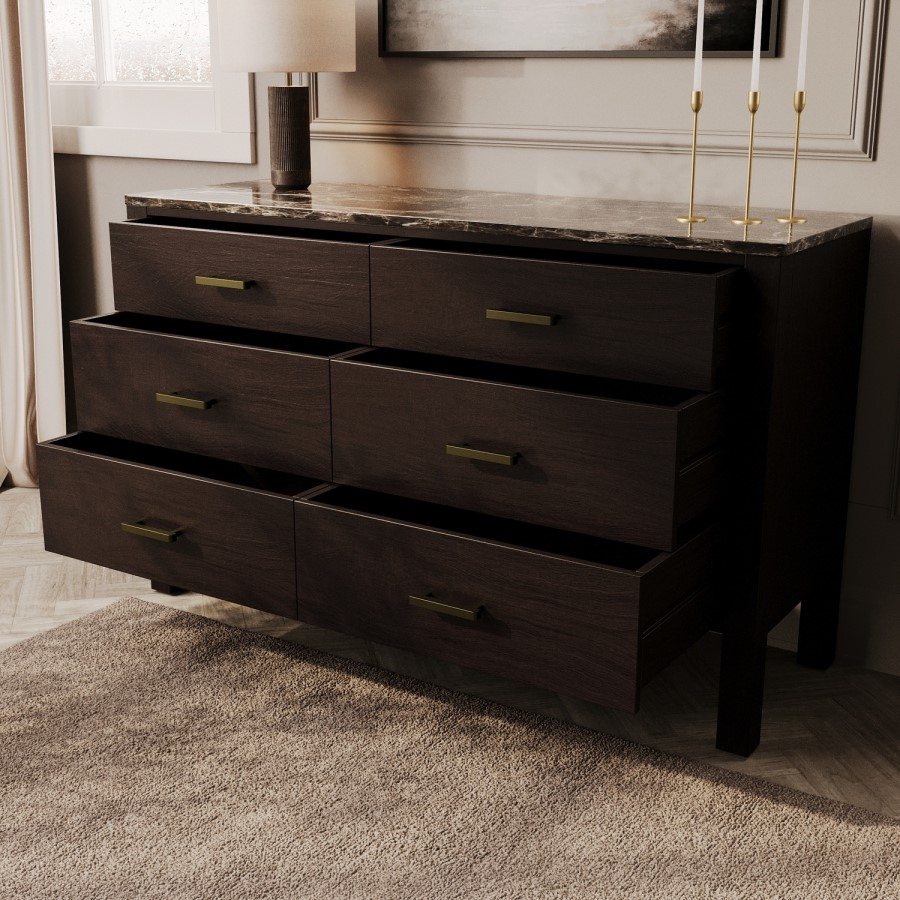 Wide Dark Wood Chest of 6 Drawers with Marble Top - Alessio
