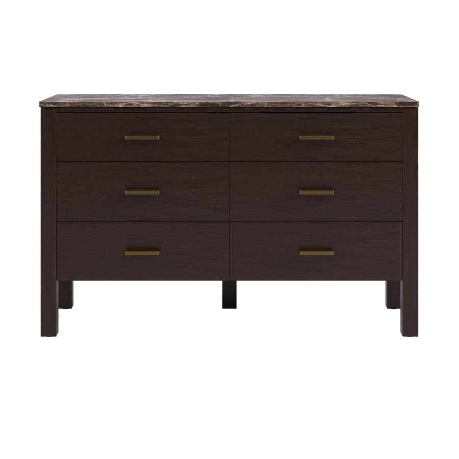 Wide Dark Wood Chest of 6 Drawers with Marble Top - Alessio