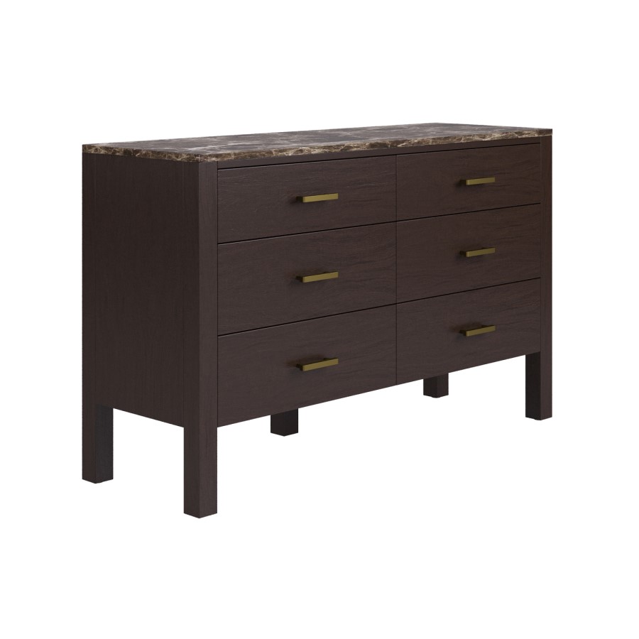 Wide Dark Wood Chest of 6 Drawers with Marble Top - Alessio