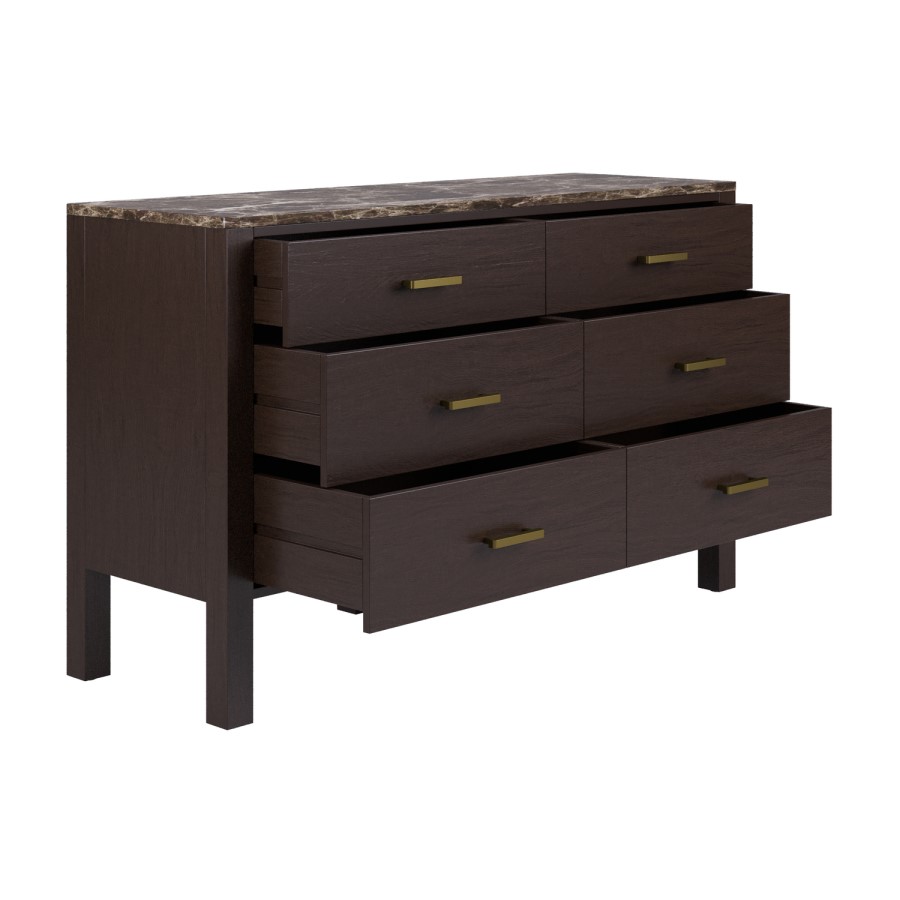 Wide Dark Wood Chest of 6 Drawers with Marble Top - Alessio