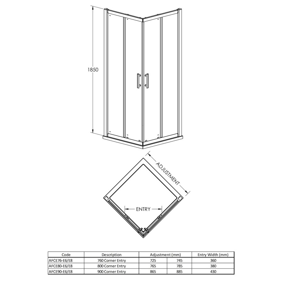 900 x 900 Corner Entry Sliding Shower Enclosure - 6mm Glass - Fiji