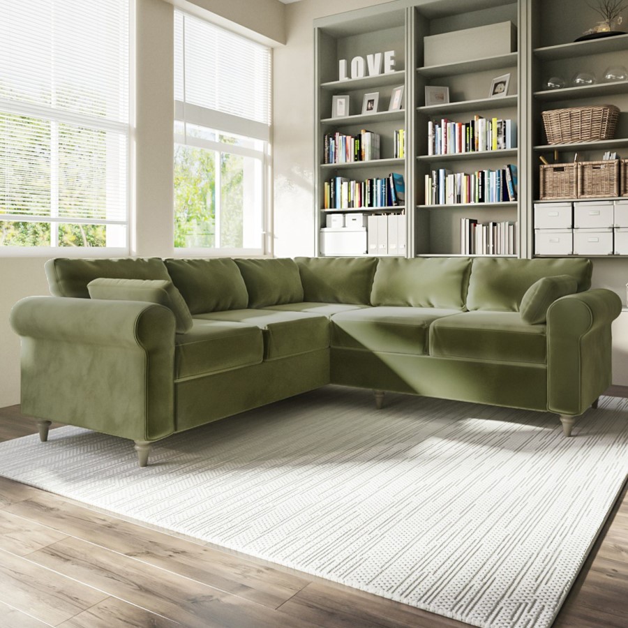 GRADE A2 - High Back 4 Seater Corner Sofa in Olive Green Velvet - Aoife