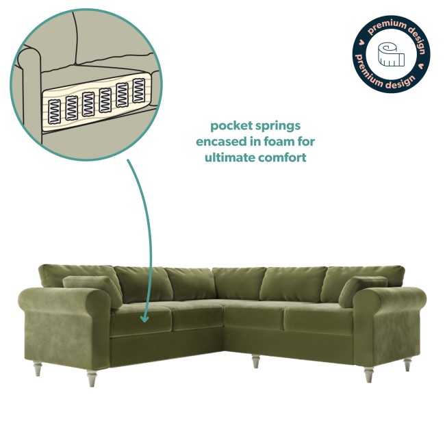 GRADE A2 - High Back 4 Seater Corner Sofa in Olive Green Velvet - Aoife