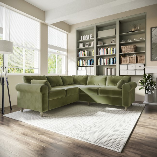 GRADE A2 - High Back 4 Seater Corner Sofa in Olive Green Velvet - Aoife