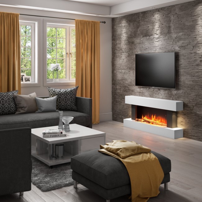 GRADE A2 - AmberGlo White Wall Mounted Electric Fireplace Suite with Log & Pebble Fuel Bed