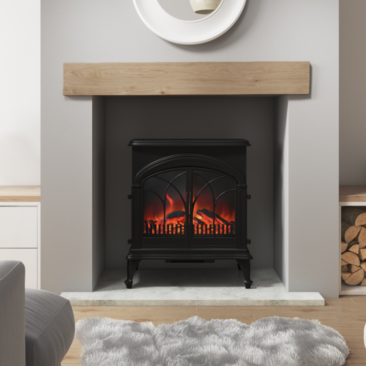 GRADE A3 - AmberGlo Large Electric Stove Fire in Black with Double Doors & Log Fuel Bed