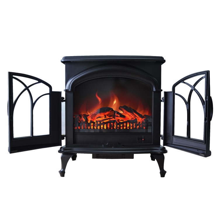 GRADE A3 - AmberGlo Large Electric Stove Fire in Black with Double Doors & Log Fuel Bed