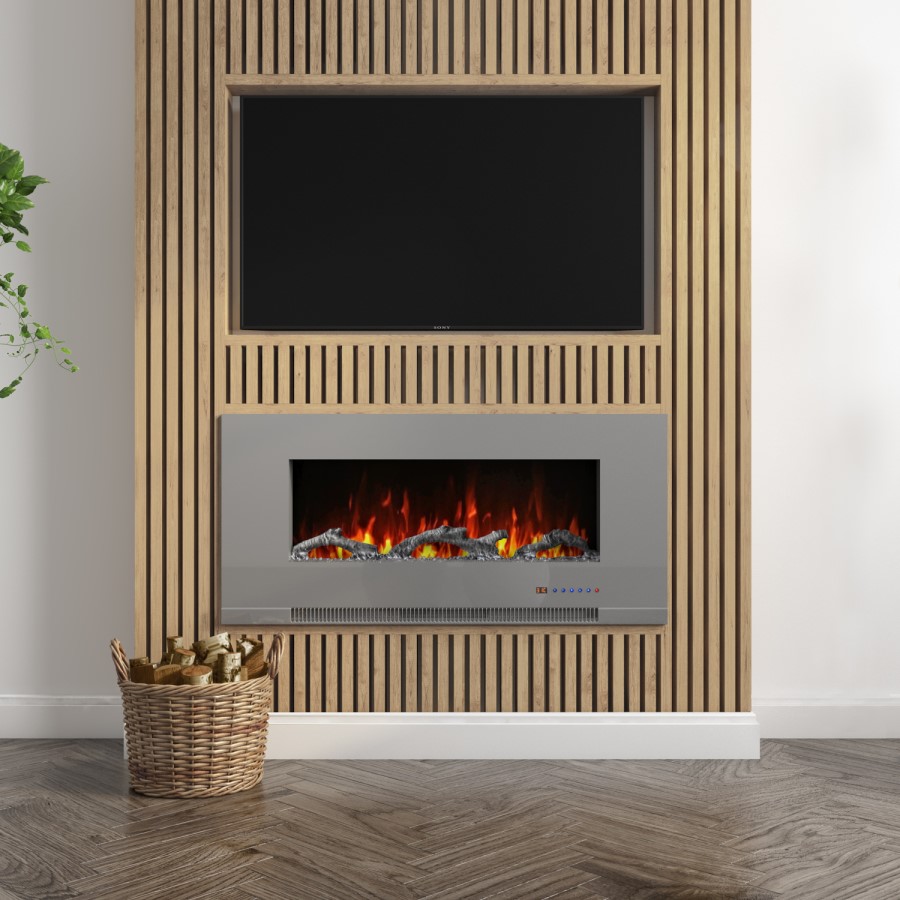 GRADE A1 - AmberGlo Grey Wall Mounted Electric Fire with Log & Crystal Fuel Beds