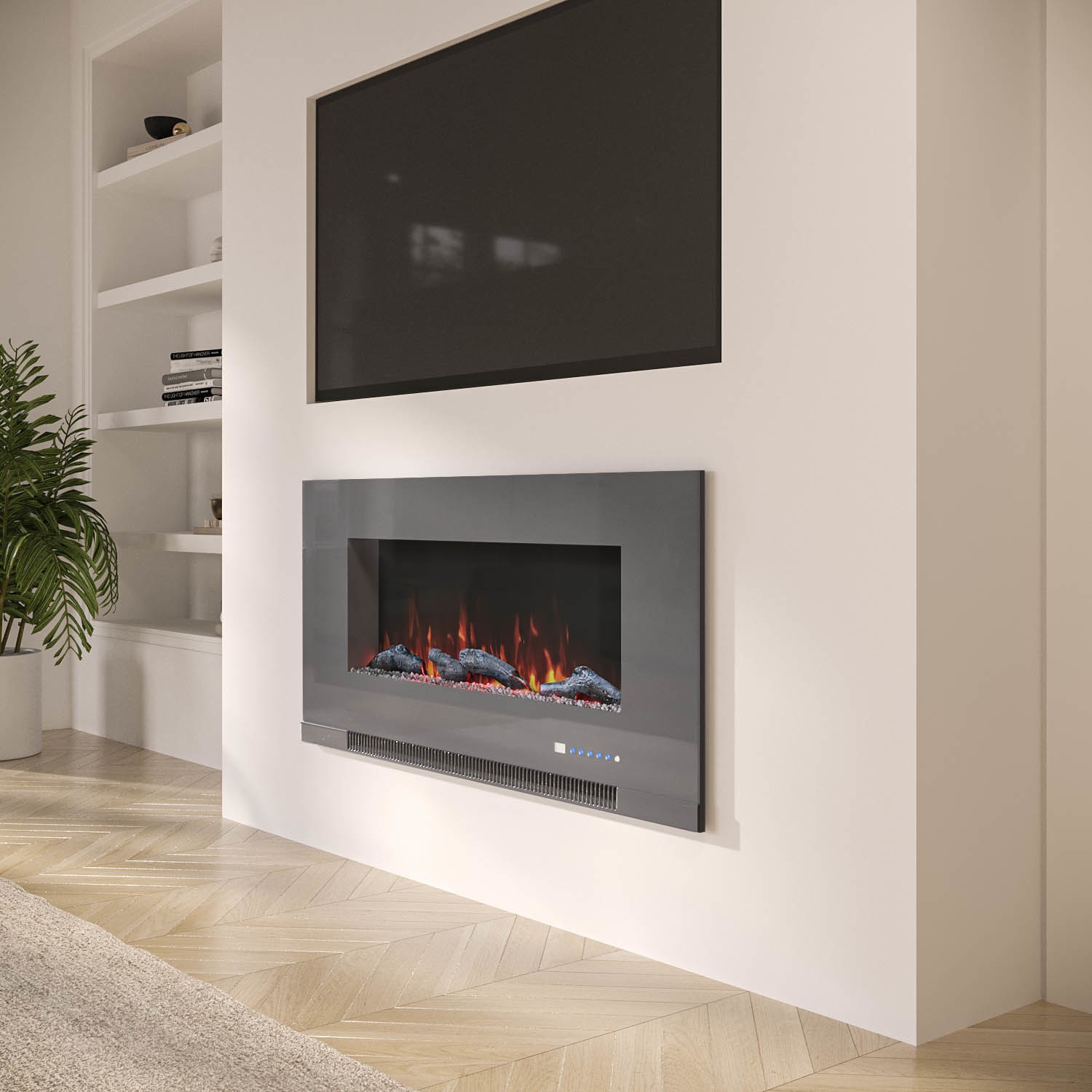 Photo of Grey inset media wall electric fireplace with log and crystal fuel bed 42 inch - amberglo