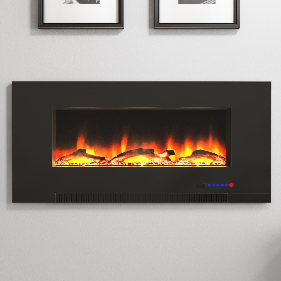 GRADE A2 - AmberGlo Black Wall Mounted Electric Fire with Logs & Crystal Fuel Beds