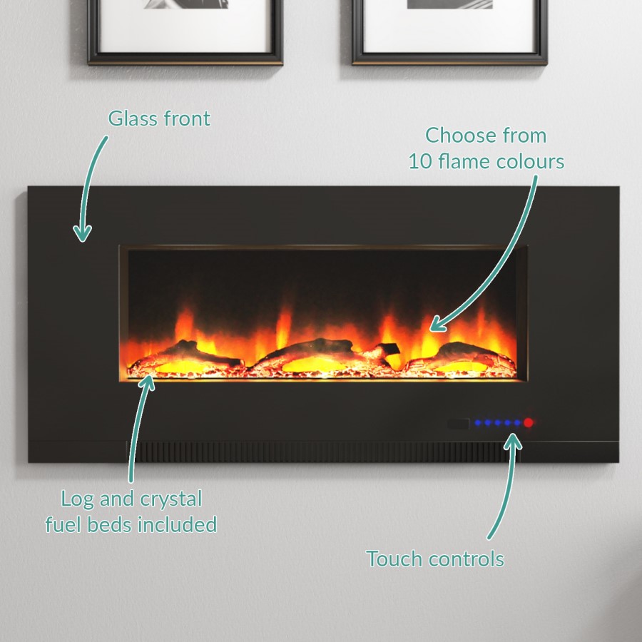 GRADE A2 - AmberGlo Black Wall Mounted Electric Fire with Logs & Crystal Fuel Beds