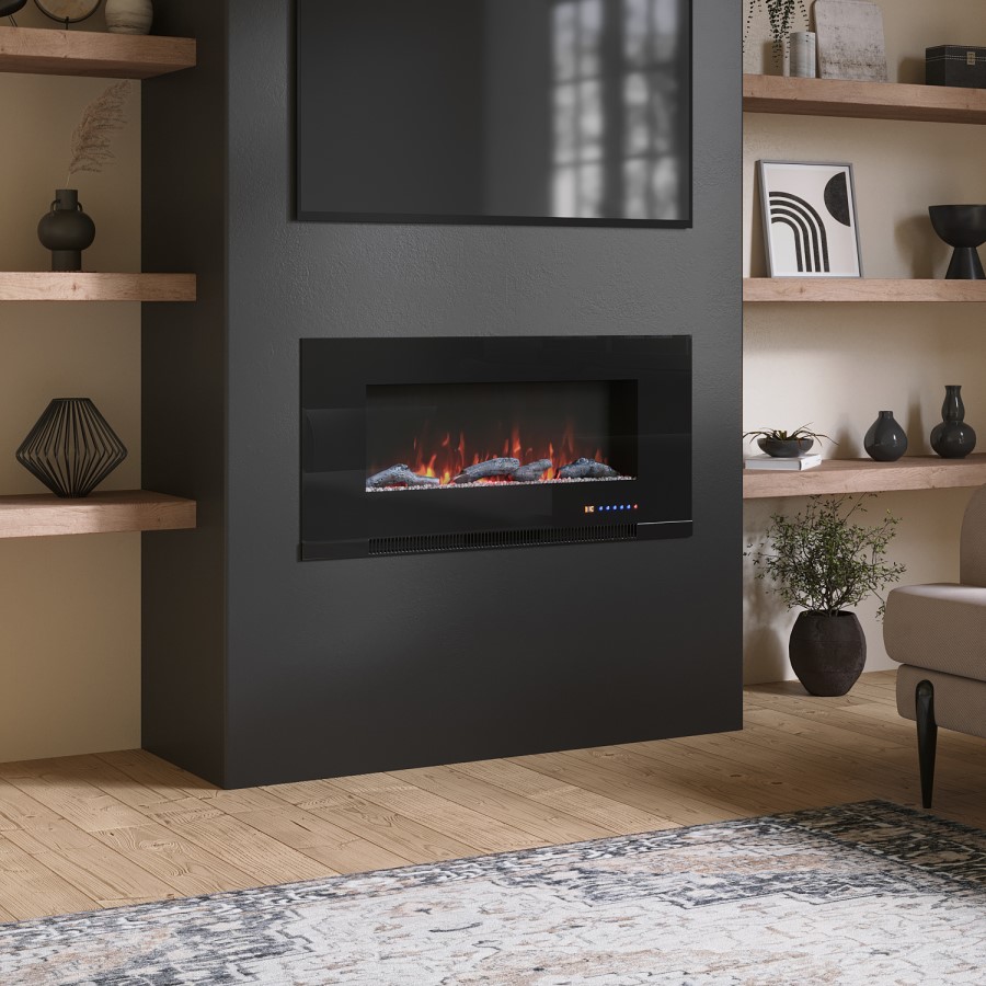 GRADE A2 - Black Inset Media Wall Electric Fireplace with Log and Crystal Fuel Bed 42 inch - Amberglo