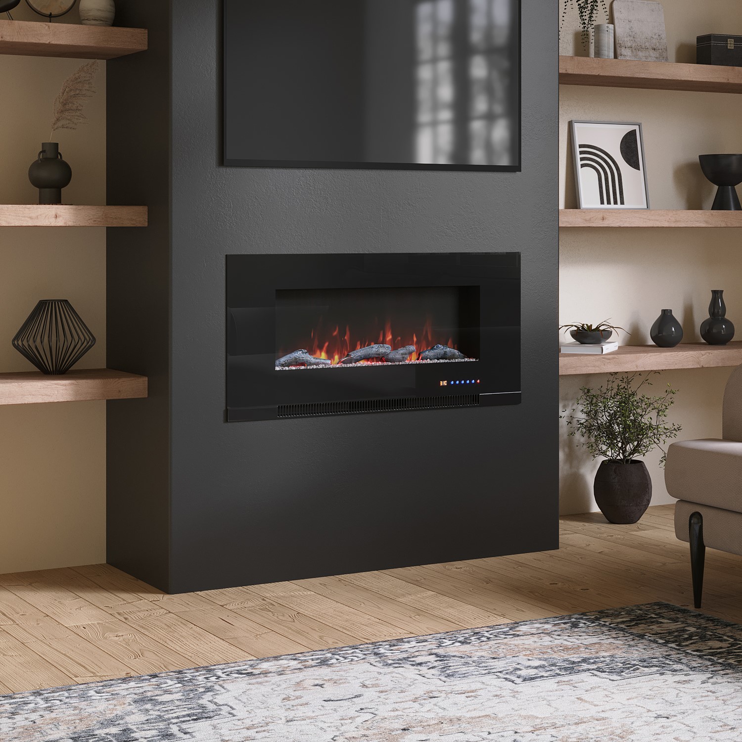 Photo of Black inset media wall electric fireplace with log and crystal fuel bed 42 inch - amberglo
