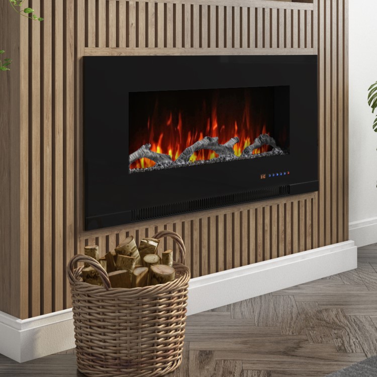 GRADE A2 - Black Wall Mounted or Recessed Electric Fire with Log and Crystal Fuel Bed - Amberglo