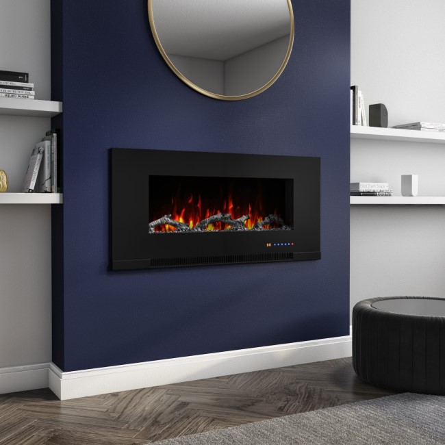 GRADE A2 - AmberGlo Black Wall Mounted Electric Fire with Logs & Crystal Fuel Beds