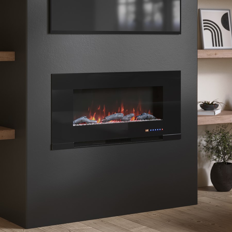 GRADE A2 - Black Inset Media Wall Electric Fireplace with Log and Crystal Fuel Bed 42 inch - Amberglo