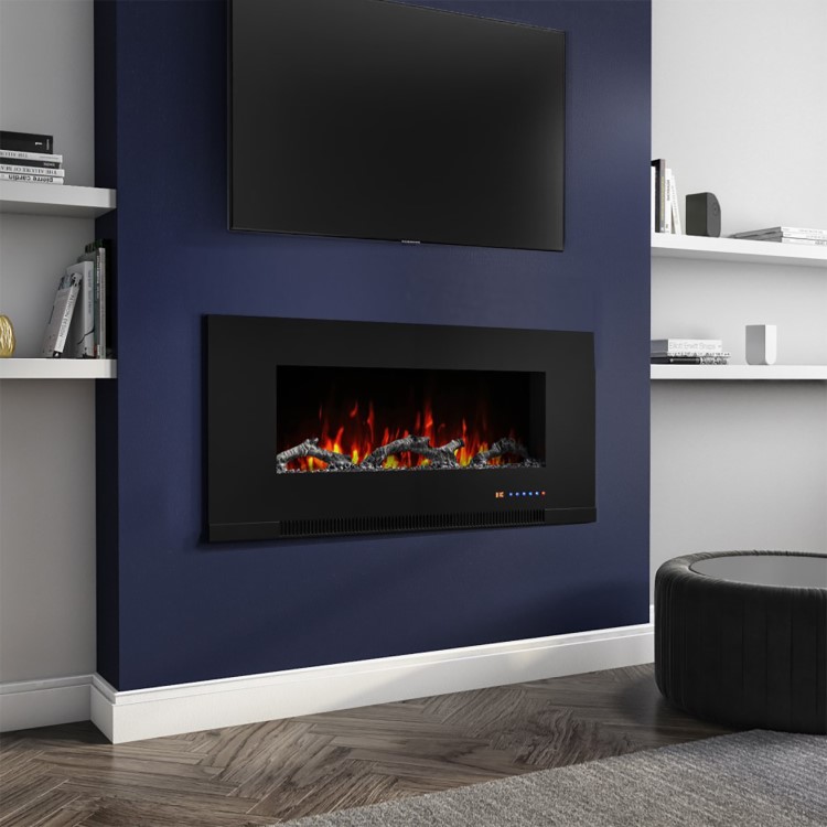 GRADE A2 - Black Wall Mounted or Recessed Electric Fire with Log and Crystal Fuel Bed - Amberglo