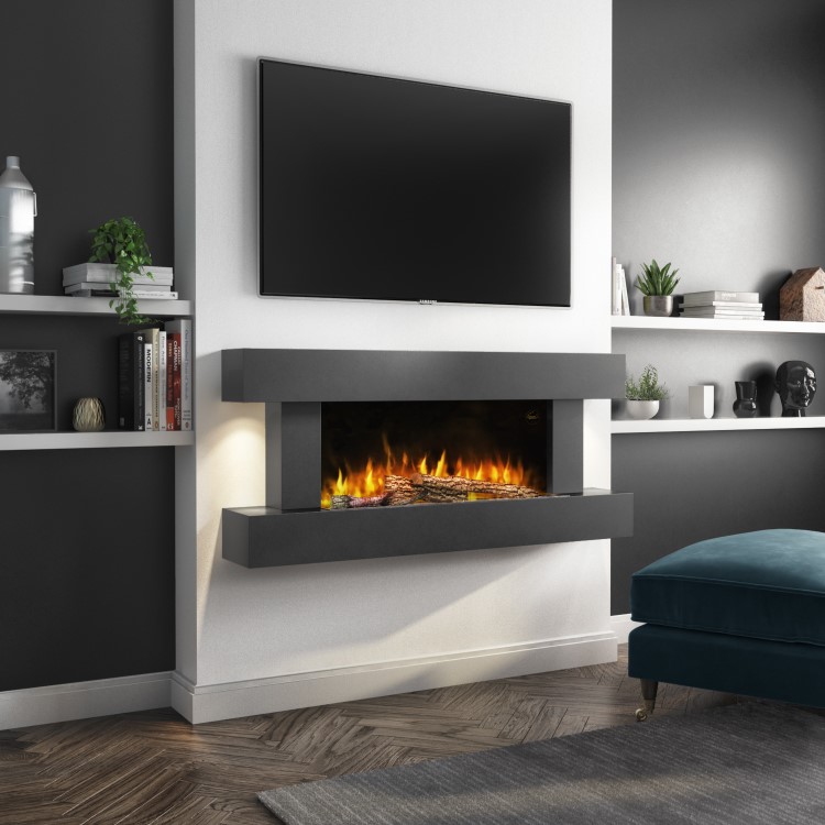 GRADE A1 - Grey Wall Mounted Electric Fireplace Suite with LED Lights - Amberglo