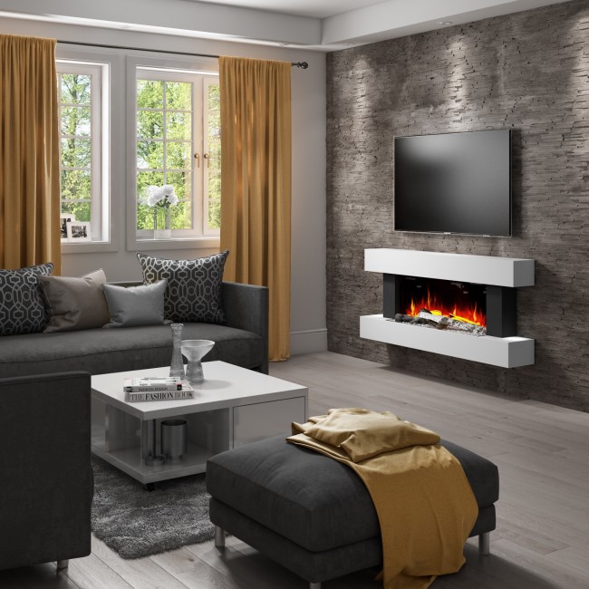 GRADE A2 - AmberGlo White Wall Mounted Electric Fireplace Suite with Log & Pebble Fuel Bed