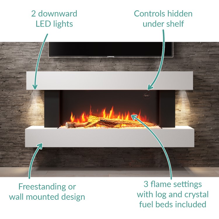 GRADE A2 - AmberGlo White Wall Mounted Electric Fireplace Suite with Log & Pebble Fuel Bed