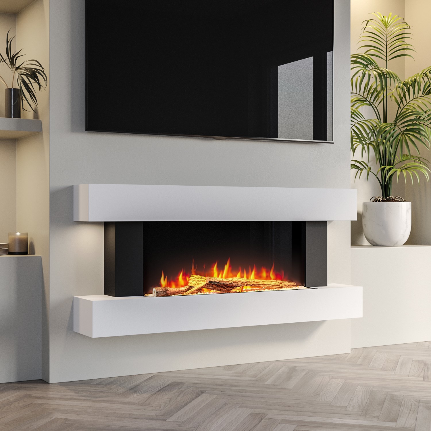 Photo of White wall mounted electric fireplace suite with led lights 52 inch- amberglo