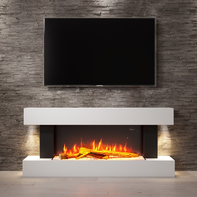 GRADE A2 - AmberGlo White Wall Mounted Electric Fireplace Suite with Log & Pebble Fuel Bed